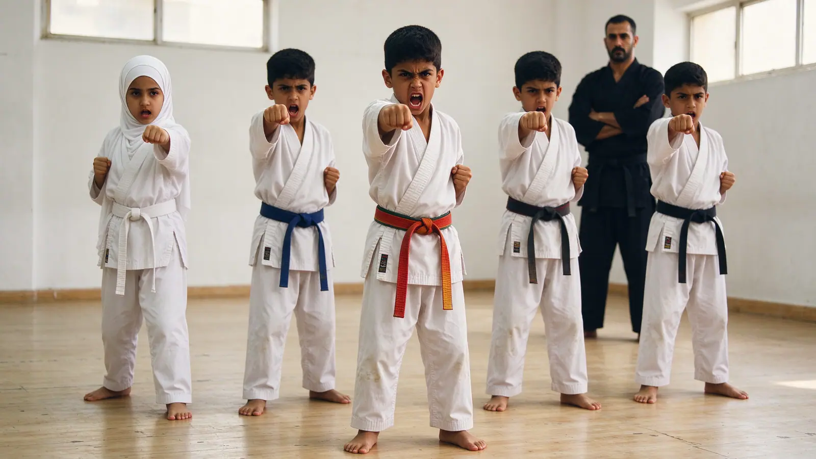 A karate class in a bright dojo, children in white gis lined up with their sensei