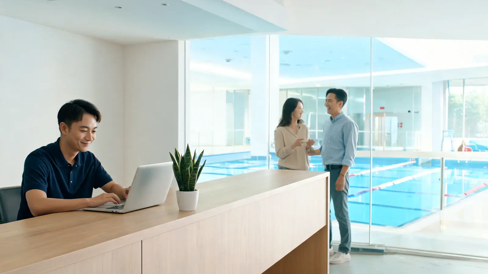 A manager working at the front desk with a laptop, the pool behind the glass