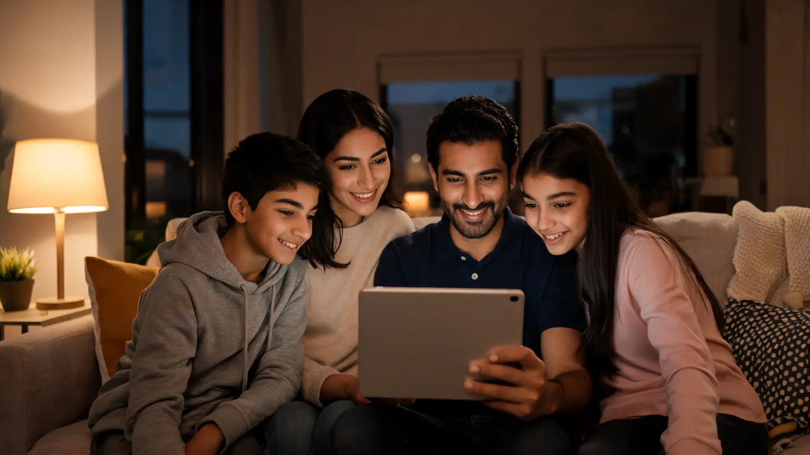 A mother and her son on the sofa in the evening, looking at academies together on a tablet