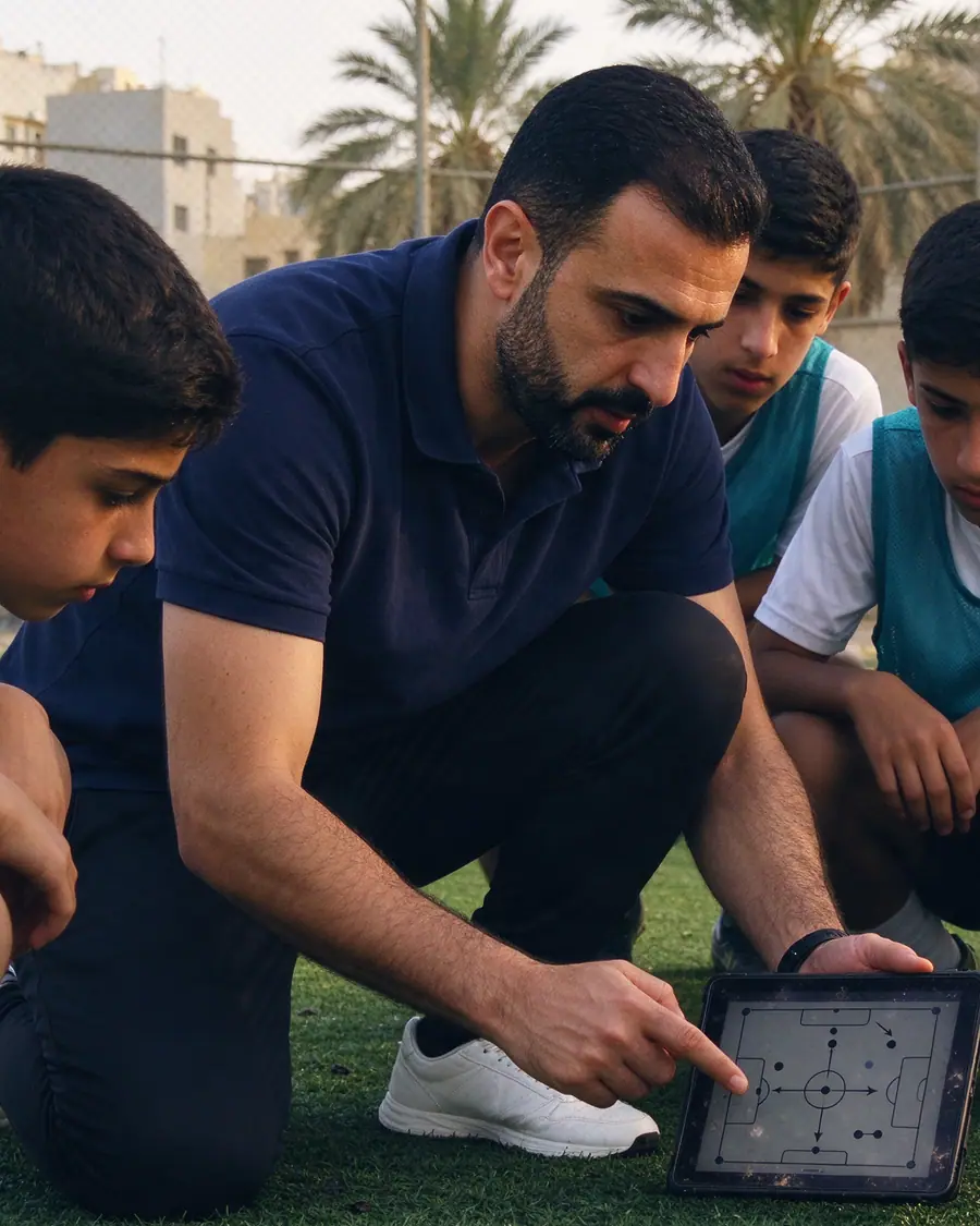 A coach showing a drill on his tablet to teenage players at the side of the pitch
