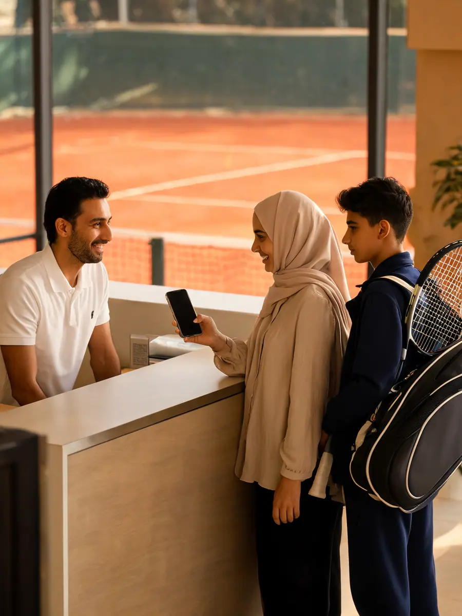 A receptionist at a tennis club's desk with a mother and her son