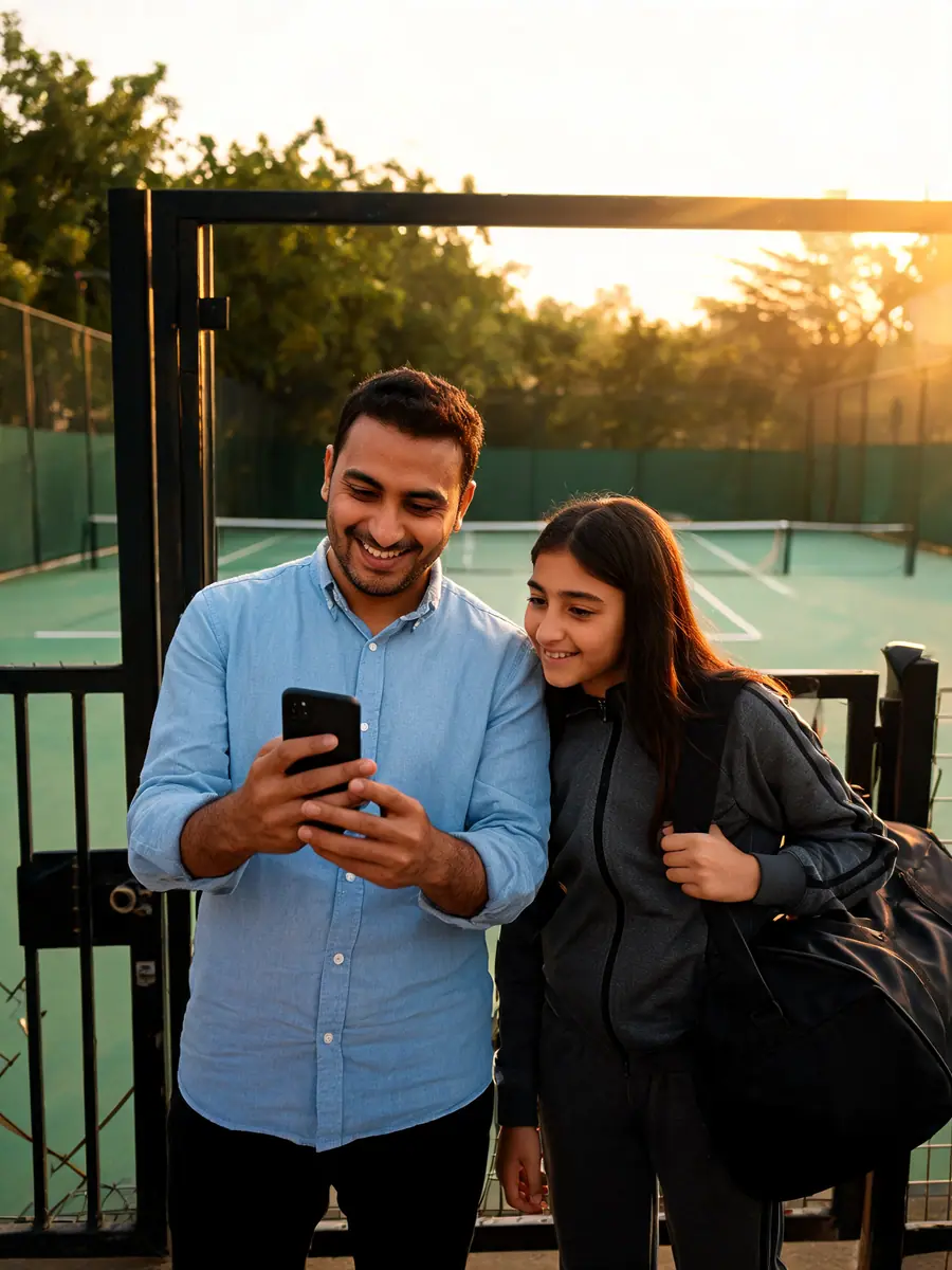 A father and his daughter outside the courts, looking at a phone together