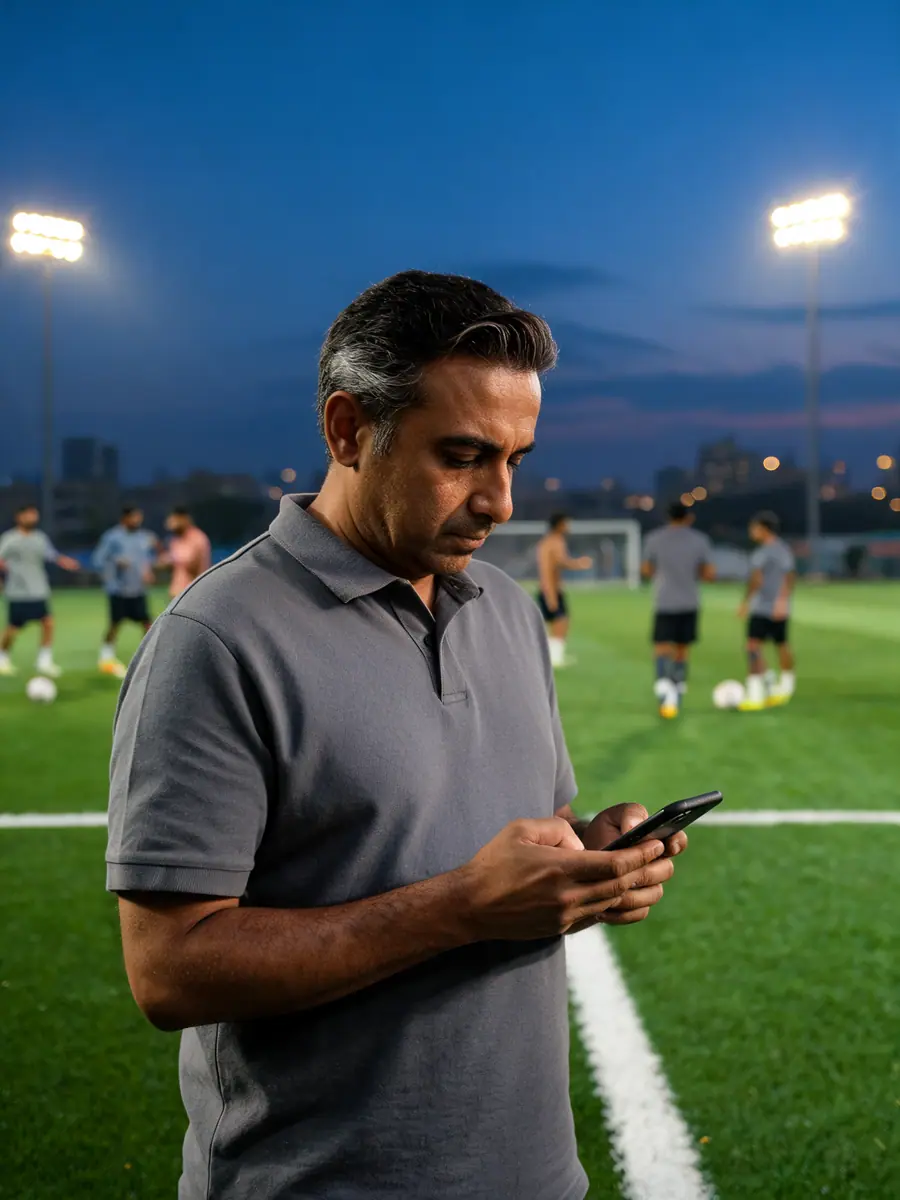 An academy owner on his floodlit pitch at night, checking his phone