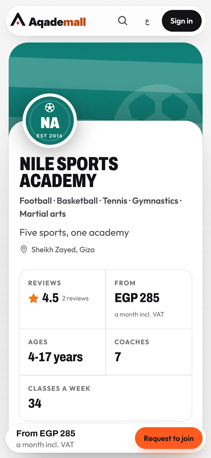 An academy's page on Aqademall: its sports, ages, rating and starting price