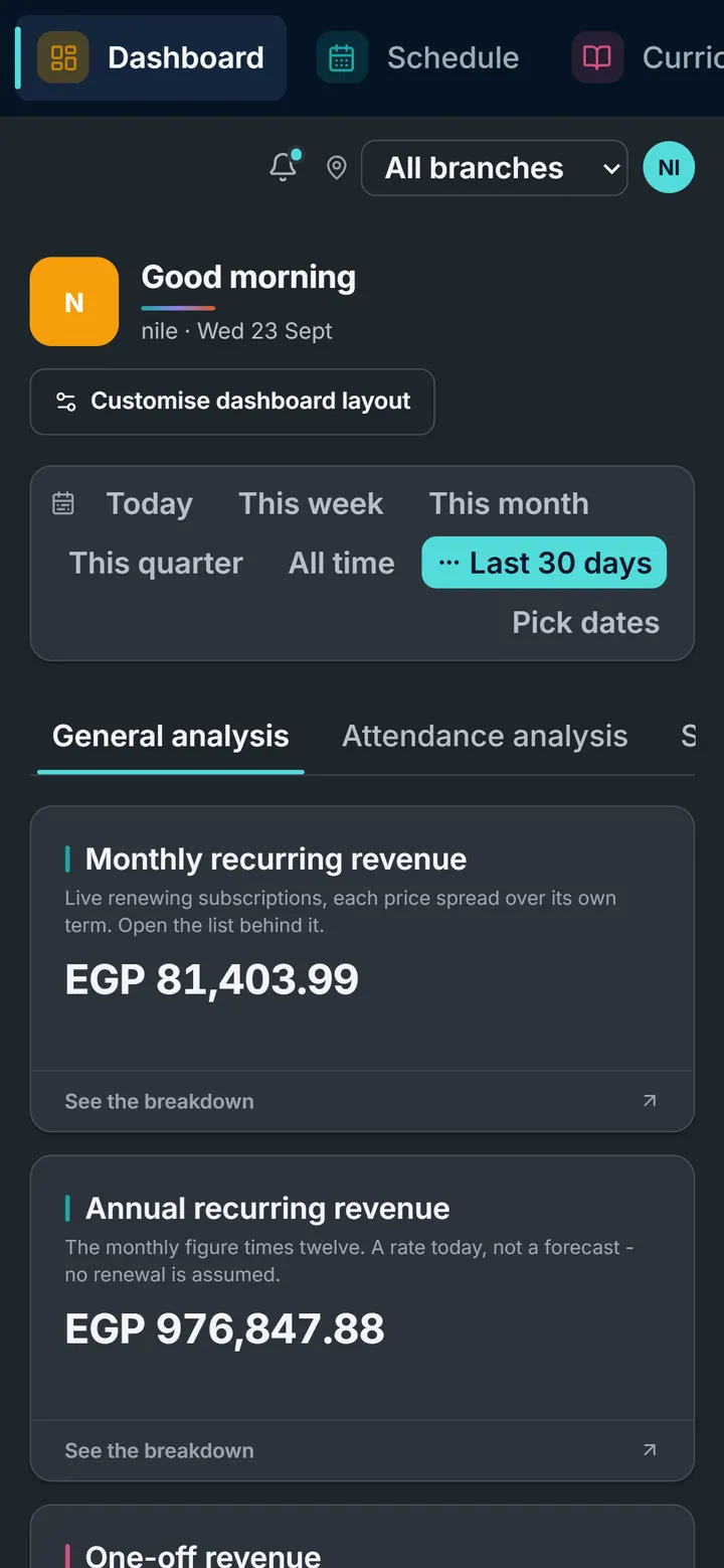 The owner's dashboard on a phone: revenue for the month and the year