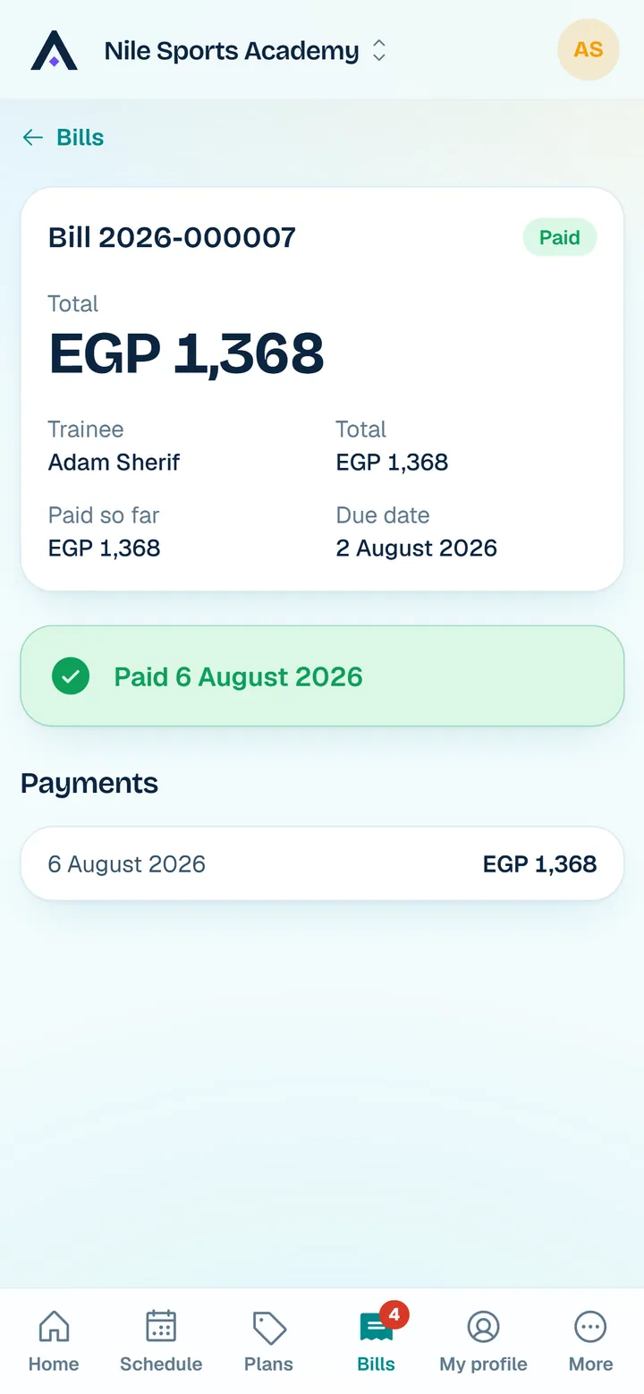 A bill and its receipt in the trainee portal