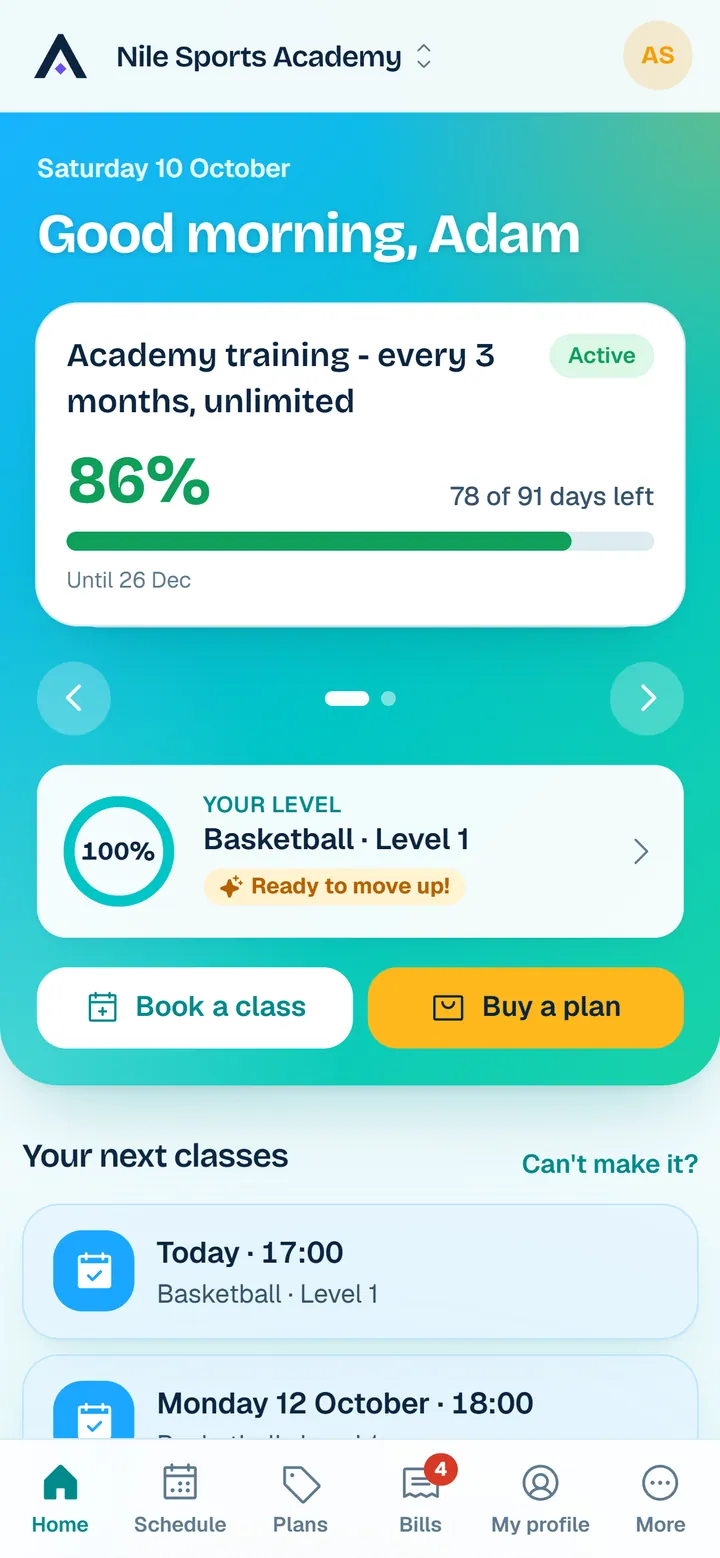 Aqademy Portal on a phone: the trainee's plan, their level and their next classes