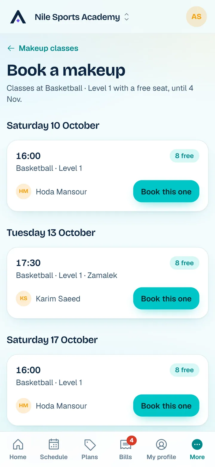 Booking a makeup class in the trainee portal