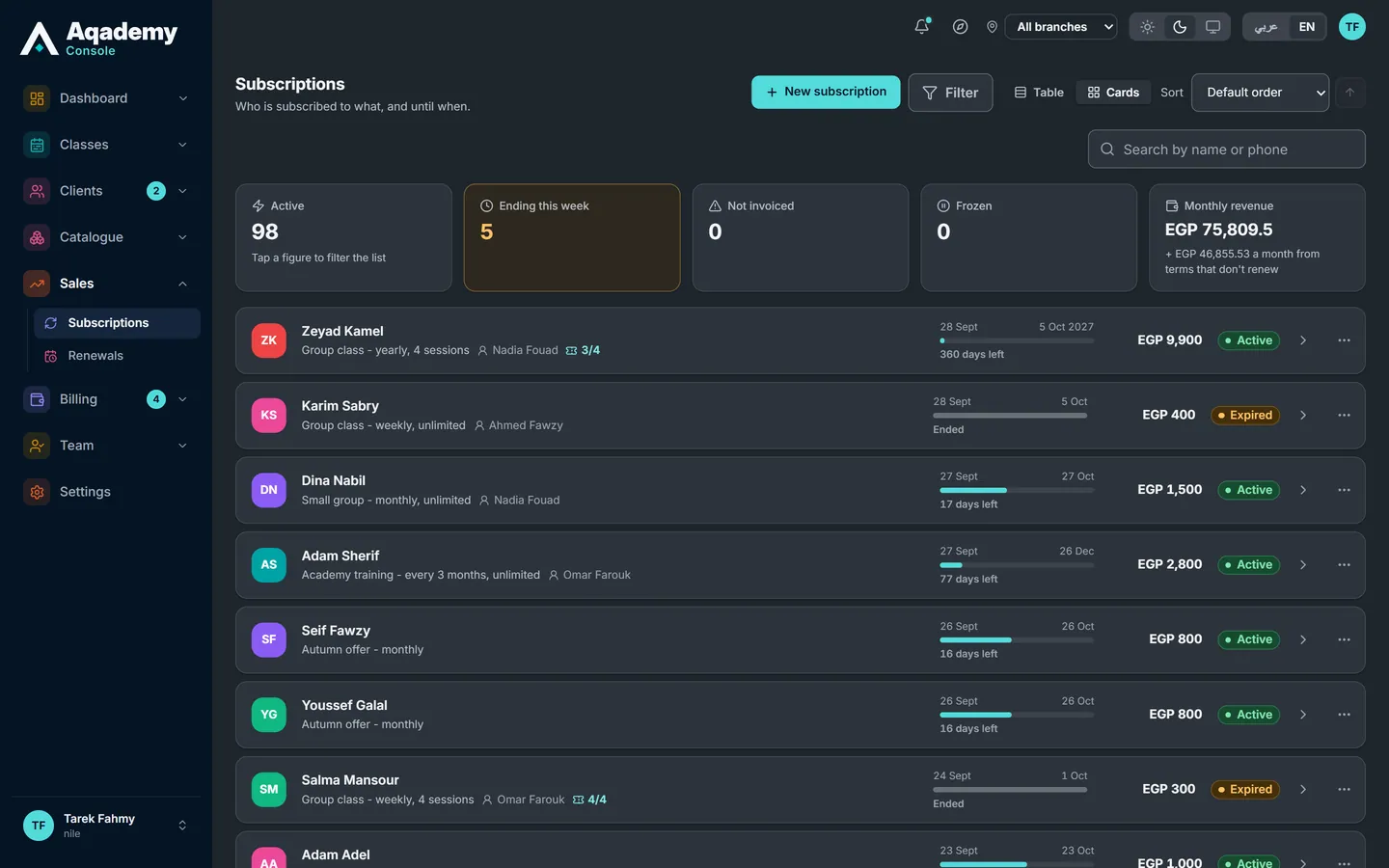 The subscriptions screen: plans, classes left and renewals due